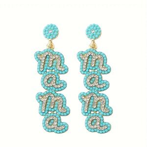 Baby shower Mama blue seed beads and clear rhinestones drop earrings baby boy
